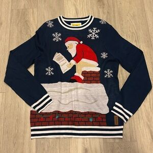 Tipsy Elves Santa roasting a log sweater navy blue men Large L Christmas ugly